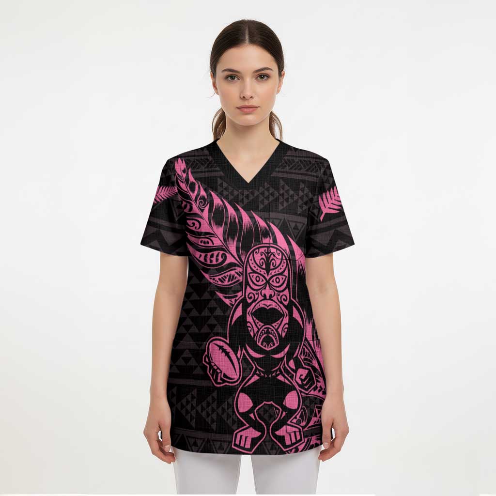 New Zealand Rugby Warrior Custom Scrub Top Pink Fern Taniko Motif - Polynesian Pride