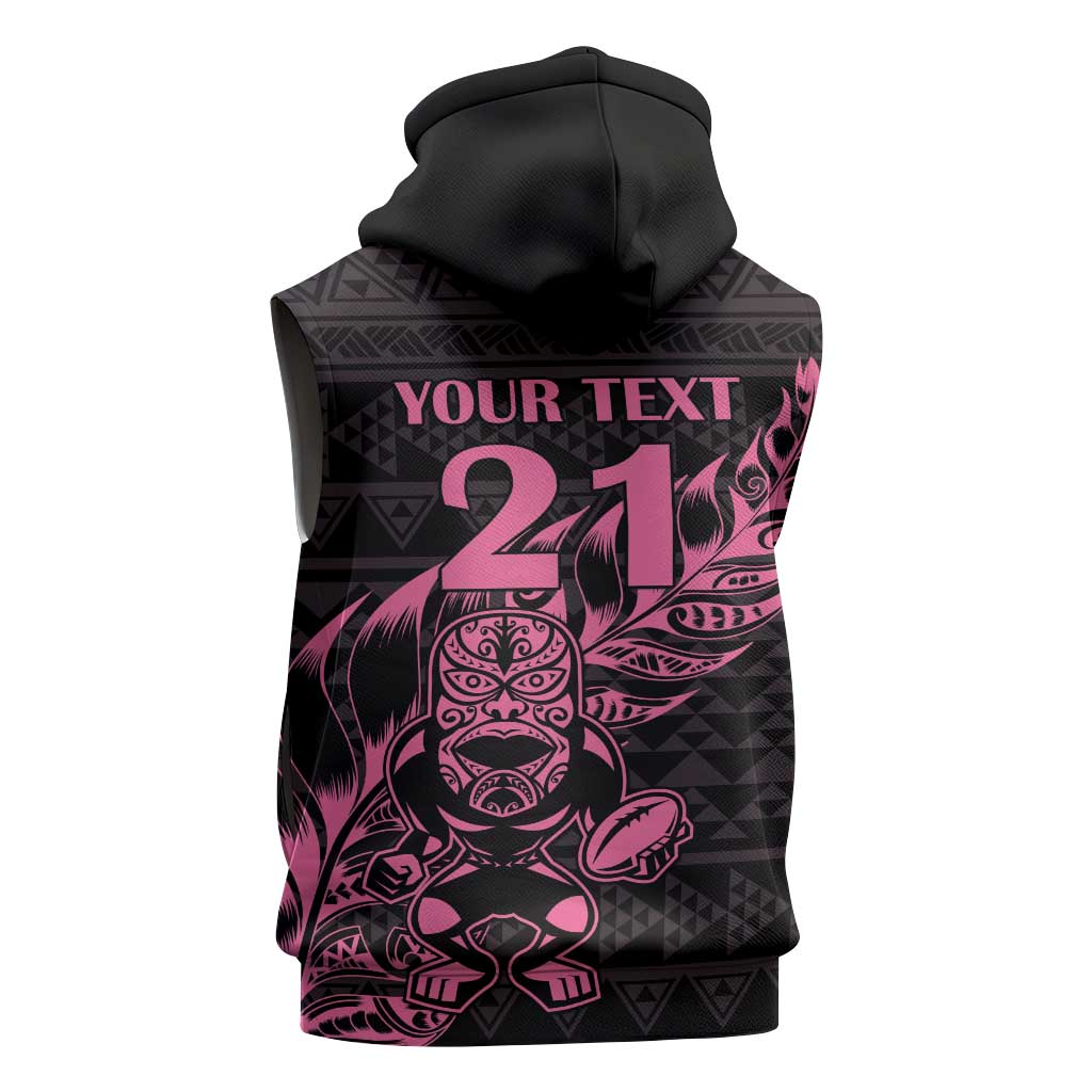 New Zealand Rugby Warrior Custom Sleeveless Hoodie Pink Fern Taniko Motif - Polynesian Pride
