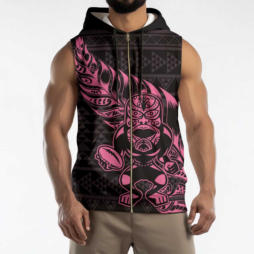 New Zealand Rugby Warrior Custom Sleeveless Zip Hoodie Pink Fern Taniko Motif - Polynesian Pride