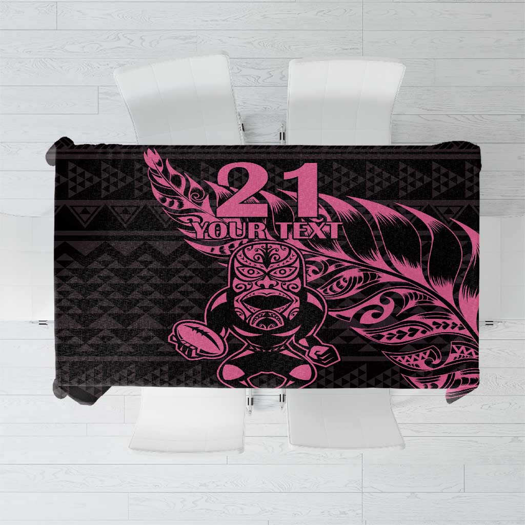 New Zealand Rugby Warrior Custom Tablecloth Pink Fern Taniko Motif