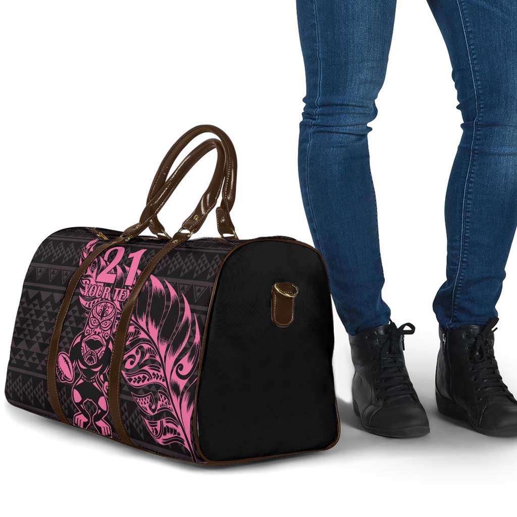 New Zealand Rugby Warrior Custom Travel Bag Pink Fern Taniko Motif - Polynesian Pride