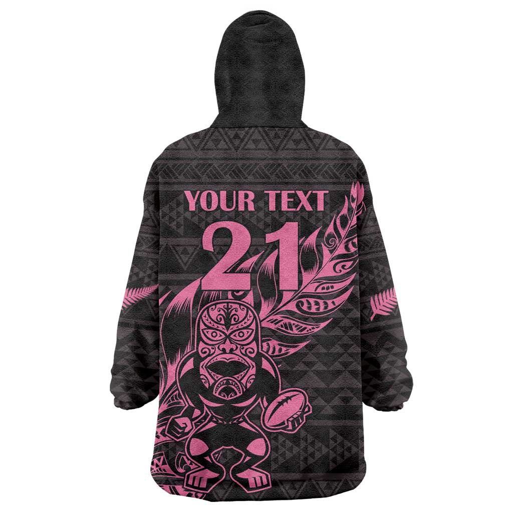 New Zealand Rugby Warrior Custom Wearable Blanket Hoodie Pink Fern Taniko Motif