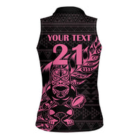 New Zealand Rugby Warrior Custom Women Sleeveless Polo Shirt Pink Fern Taniko Motif