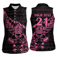 New Zealand Rugby Warrior Custom Women Sleeveless Polo Shirt Pink Fern Taniko Motif