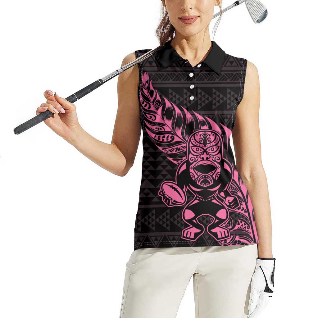 New Zealand Rugby Warrior Custom Women Sleeveless Polo Shirt Pink Fern Taniko Motif