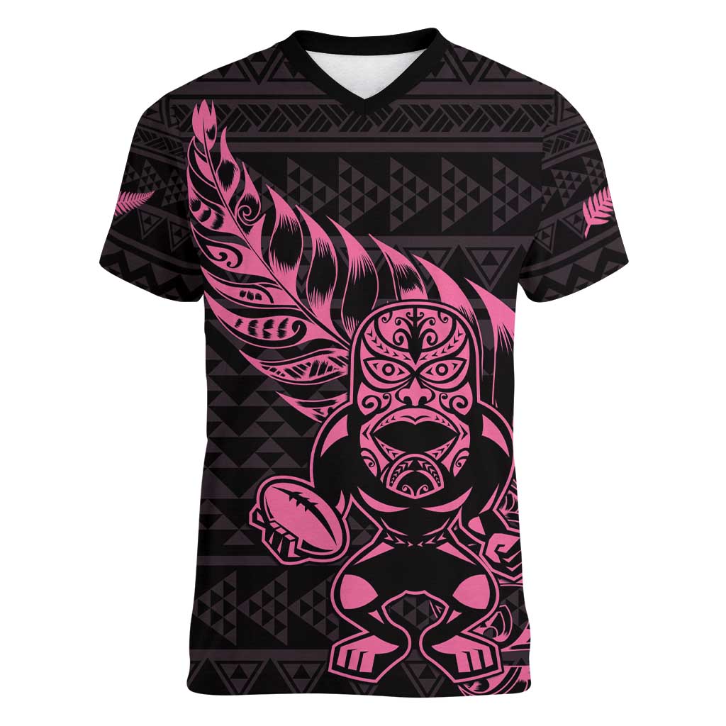 New Zealand Rugby Warrior Custom Women V-Neck T-Shirt Pink Fern Taniko Motif