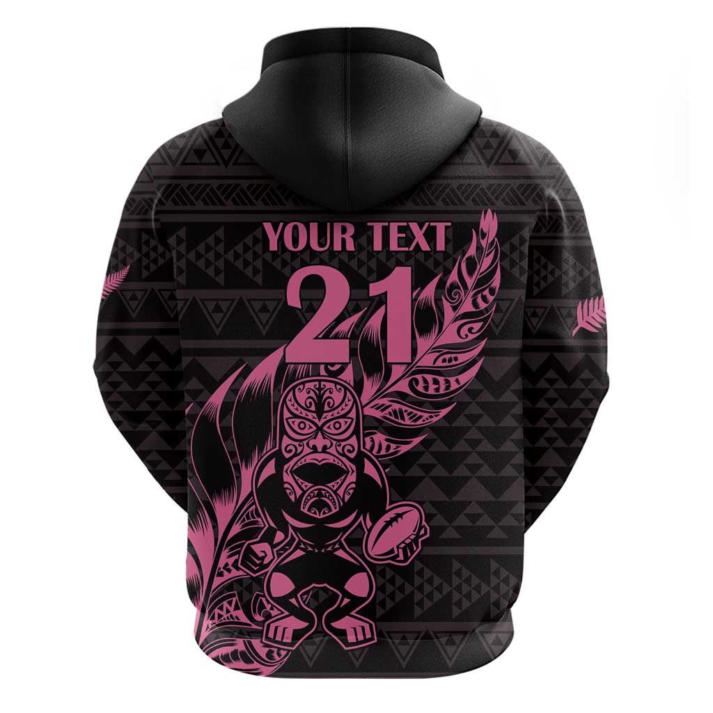 New Zealand Rugby Warrior Custom Zip Hoodie Pink Fern Taniko Motif