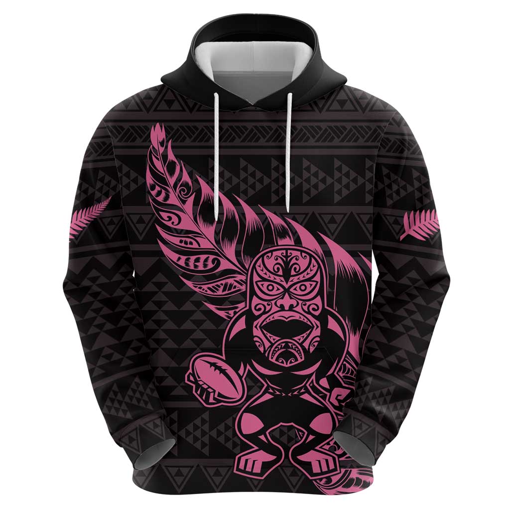 New Zealand Rugby Warrior Custom Zip Hoodie Pink Fern Taniko Motif
