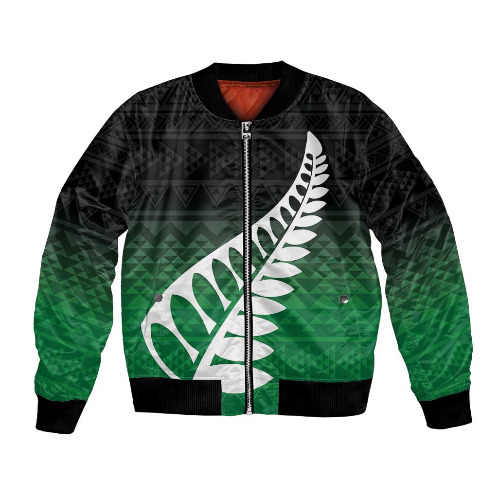 Green Silver Fern Spirit Taniko Tukutuku Personalised Bomber Jacket