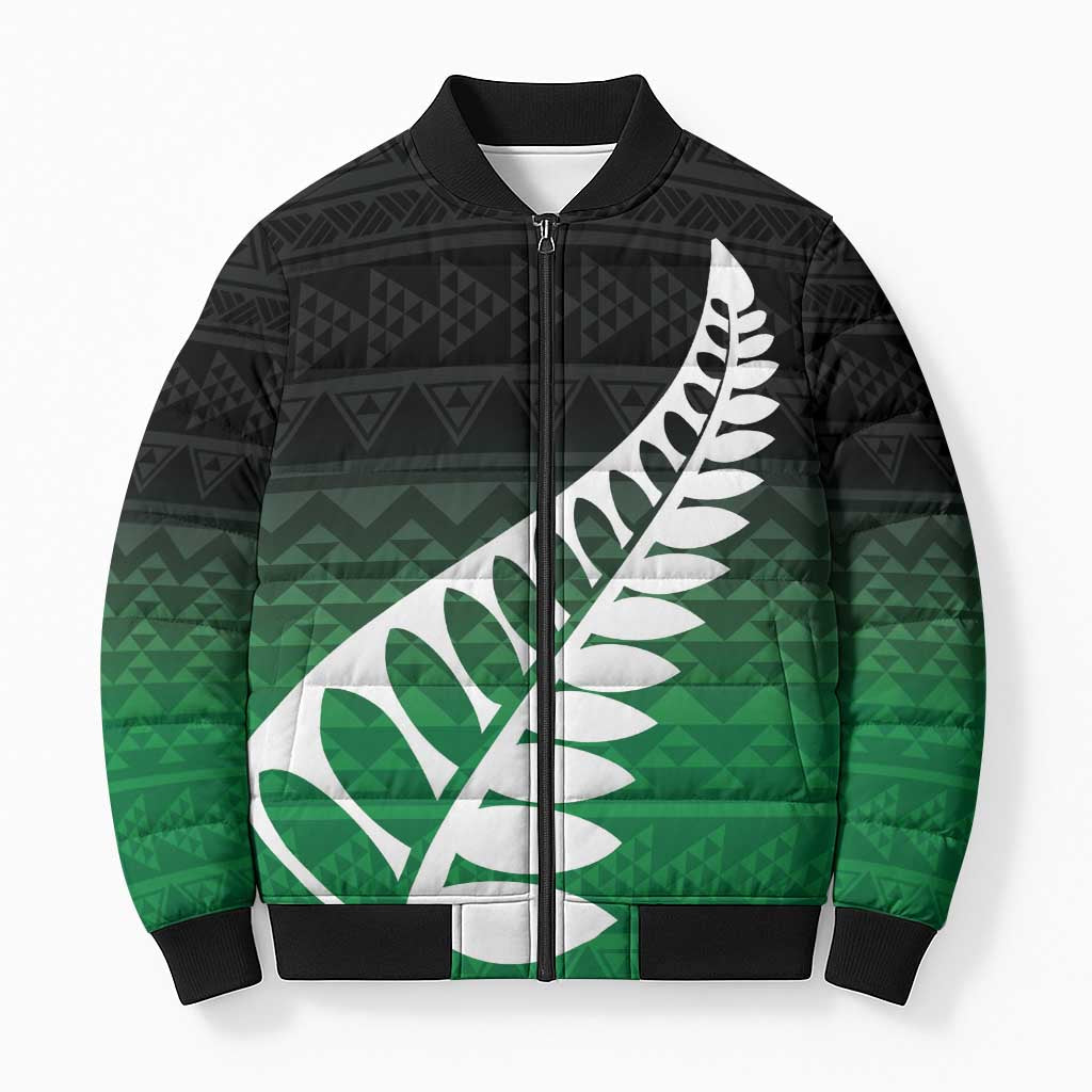 Green Silver Fern Spirit Taniko Tukutuku Personalised Bomber Puffer Jacket - Polynesian Pride