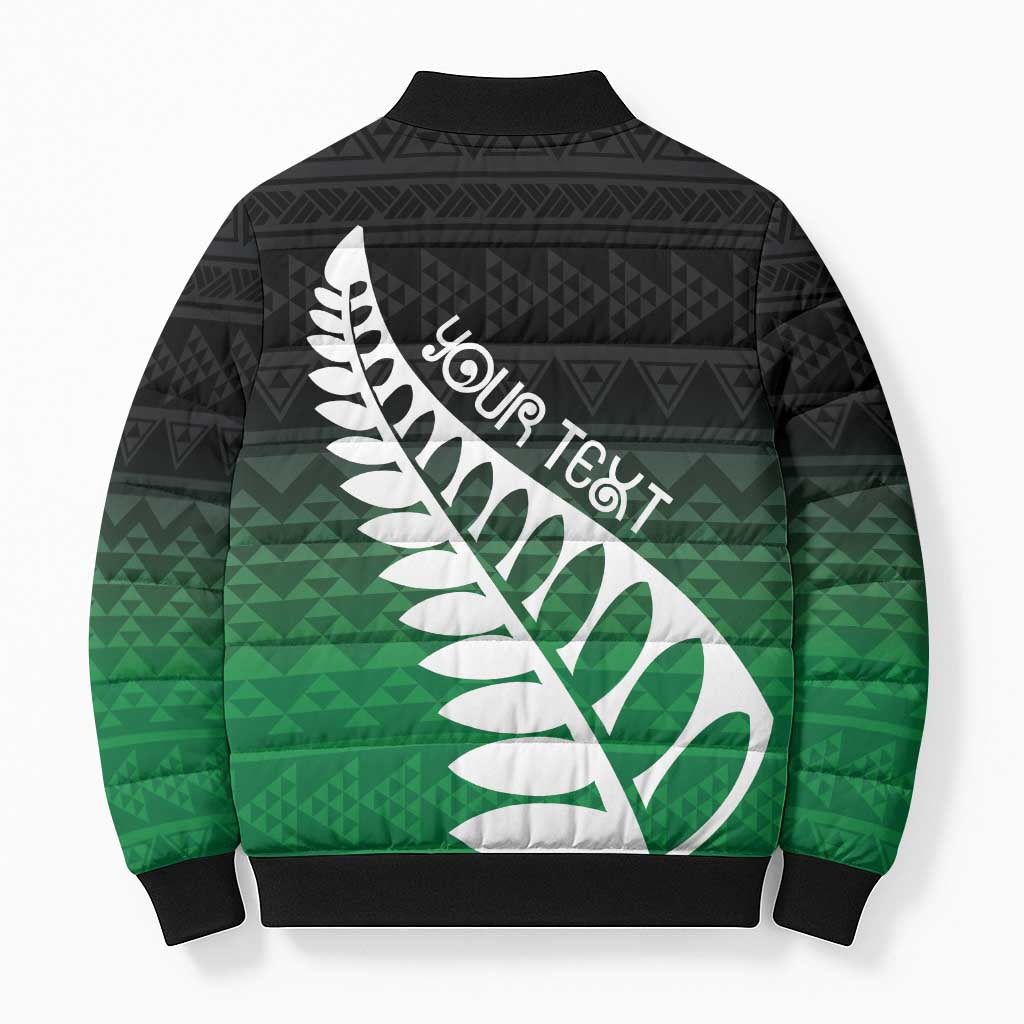 Green Silver Fern Spirit Taniko Tukutuku Personalised Bomber Puffer Jacket - Polynesian Pride