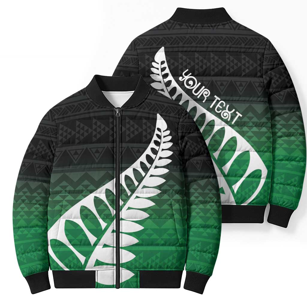 Green Silver Fern Spirit Taniko Tukutuku Personalised Bomber Puffer Jacket - Polynesian Pride