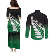 Green Silver Fern Spirit Taniko Tukutuku Personalised Couples Matching Puletasi and Long Sleeve Button Shirt