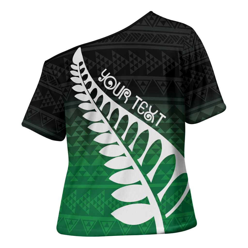 Green Silver Fern Spirit Taniko Tukutuku Personalised Cross Shoulder Shirt - Polynesian Pride