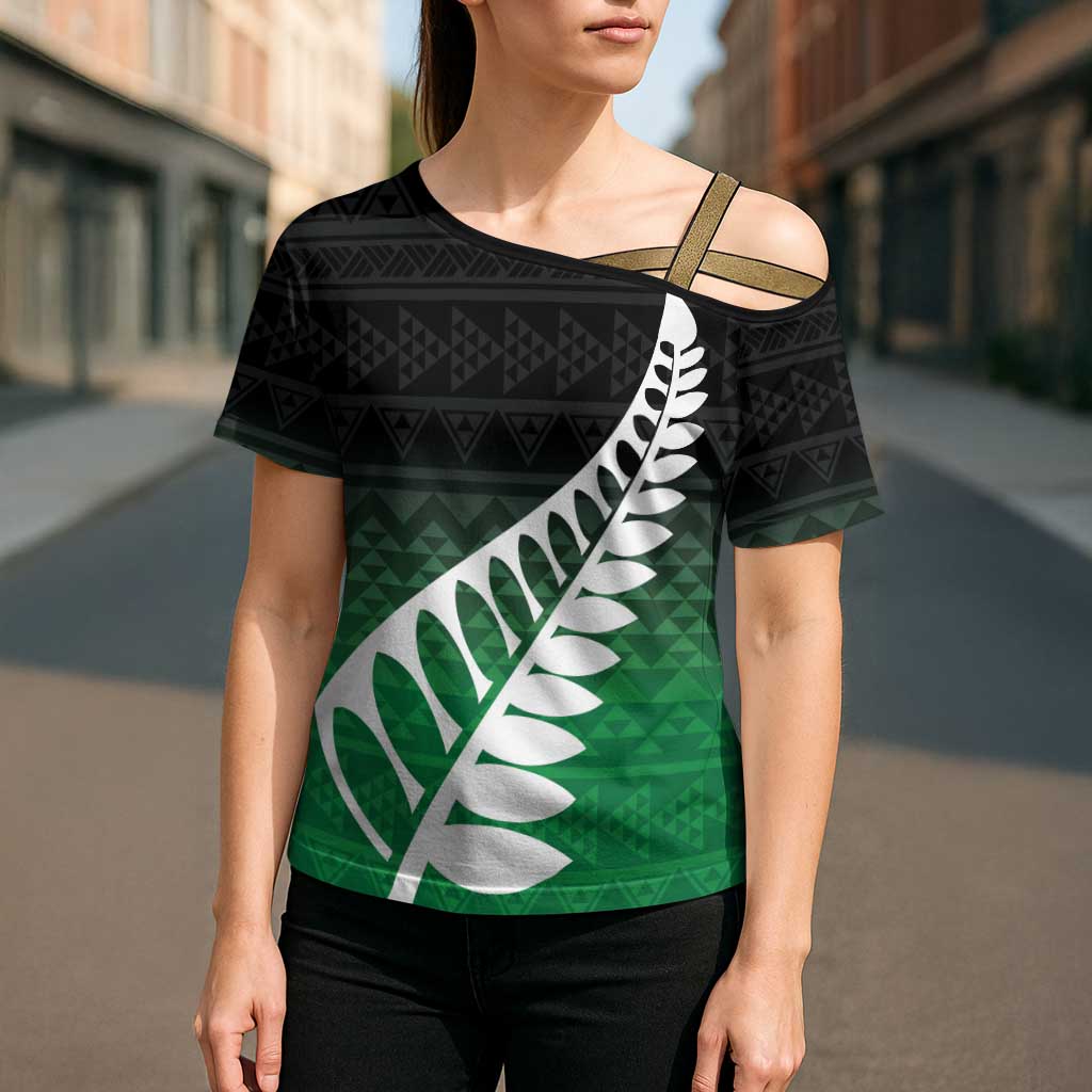 Green Silver Fern Spirit Taniko Tukutuku Personalised Cross Shoulder Shirt - Polynesian Pride