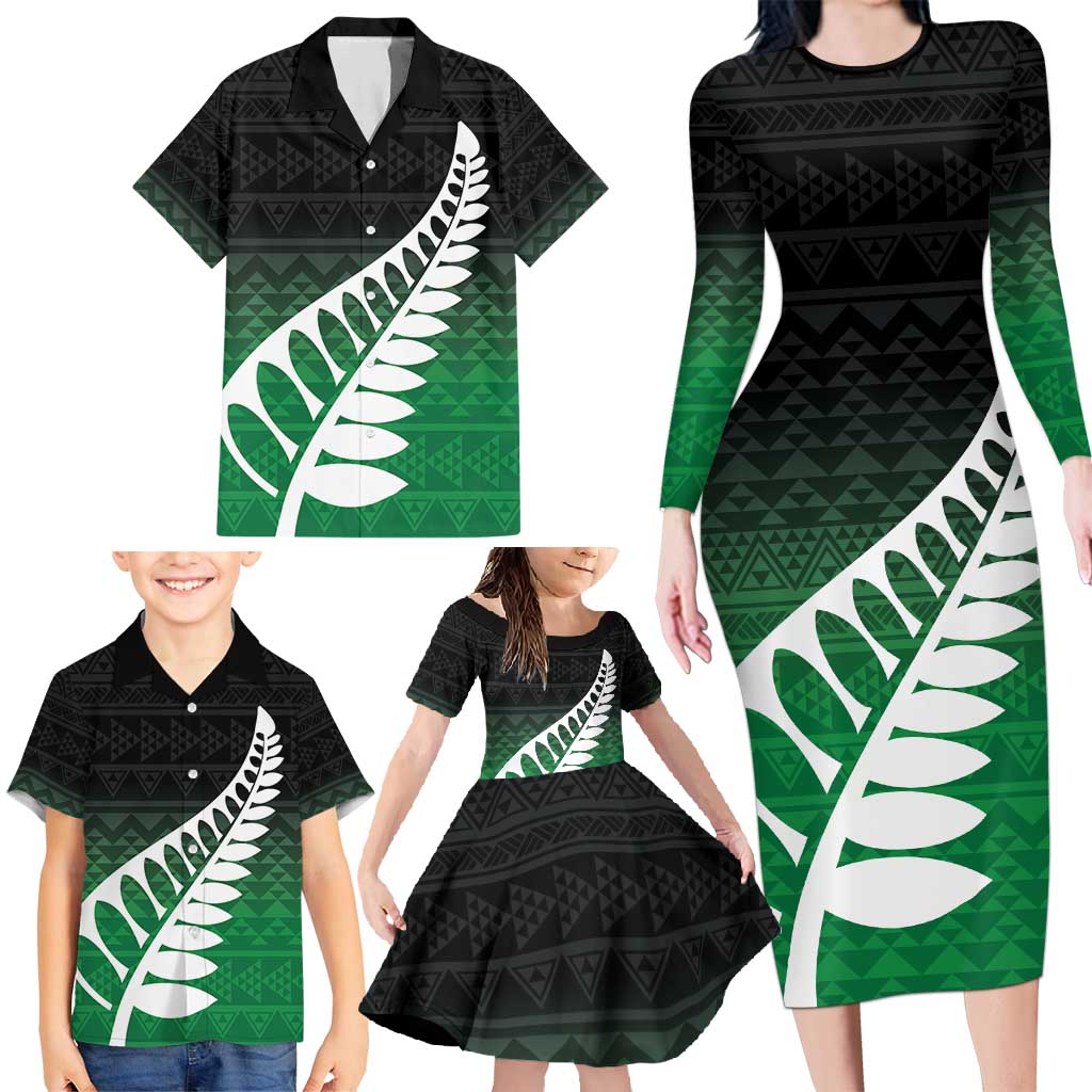 Green Silver Fern Spirit Taniko Tukutuku Personalised Family Matching Long Sleeve Bodycon Dress and Hawaiian Shirt