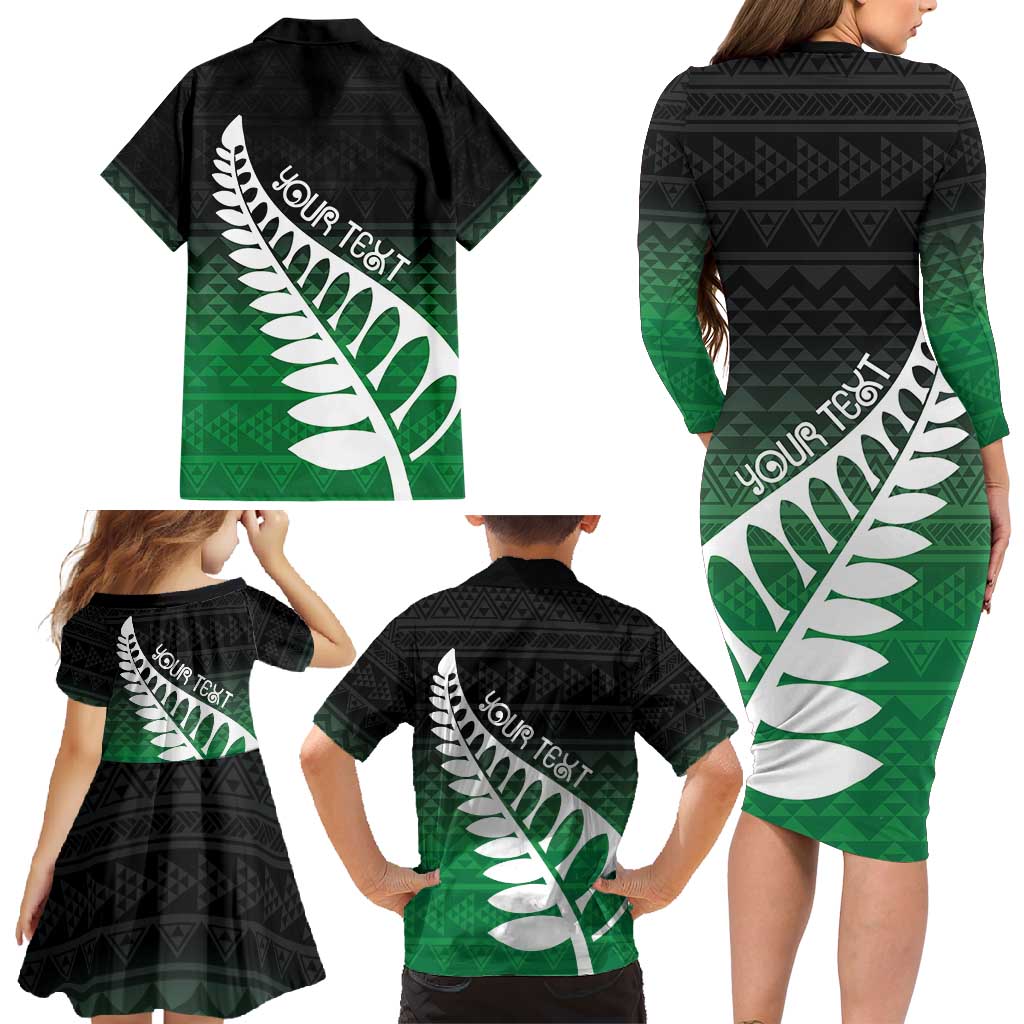 Green Silver Fern Spirit Taniko Tukutuku Personalised Family Matching Long Sleeve Bodycon Dress and Hawaiian Shirt