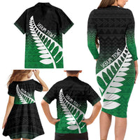Green Silver Fern Spirit Taniko Tukutuku Personalised Family Matching Long Sleeve Bodycon Dress and Hawaiian Shirt
