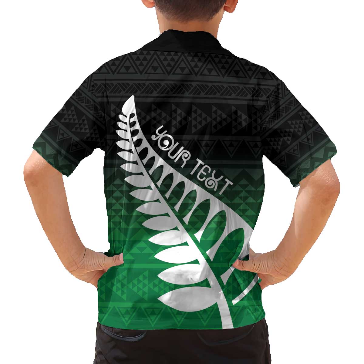 Green Silver Fern Spirit Taniko Tukutuku Personalised Family Matching Off The Shoulder Long Sleeve Dress and Hawaiian Shirt