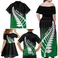 Green Silver Fern Spirit Taniko Tukutuku Personalised Family Matching Off Shoulder Maxi Dress and Hawaiian Shirt