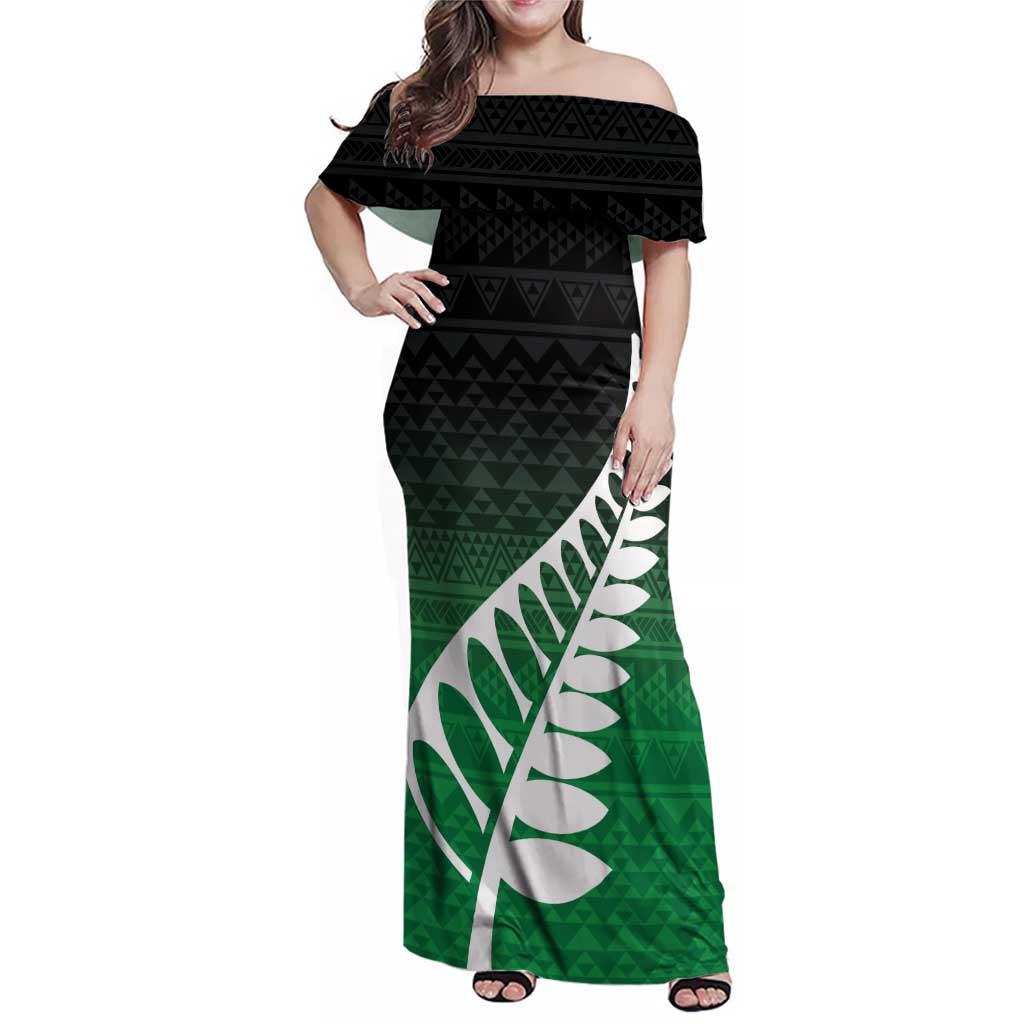 Green Silver Fern Spirit Taniko Tukutuku Personalised Family Matching Off Shoulder Maxi Dress and Hawaiian Shirt