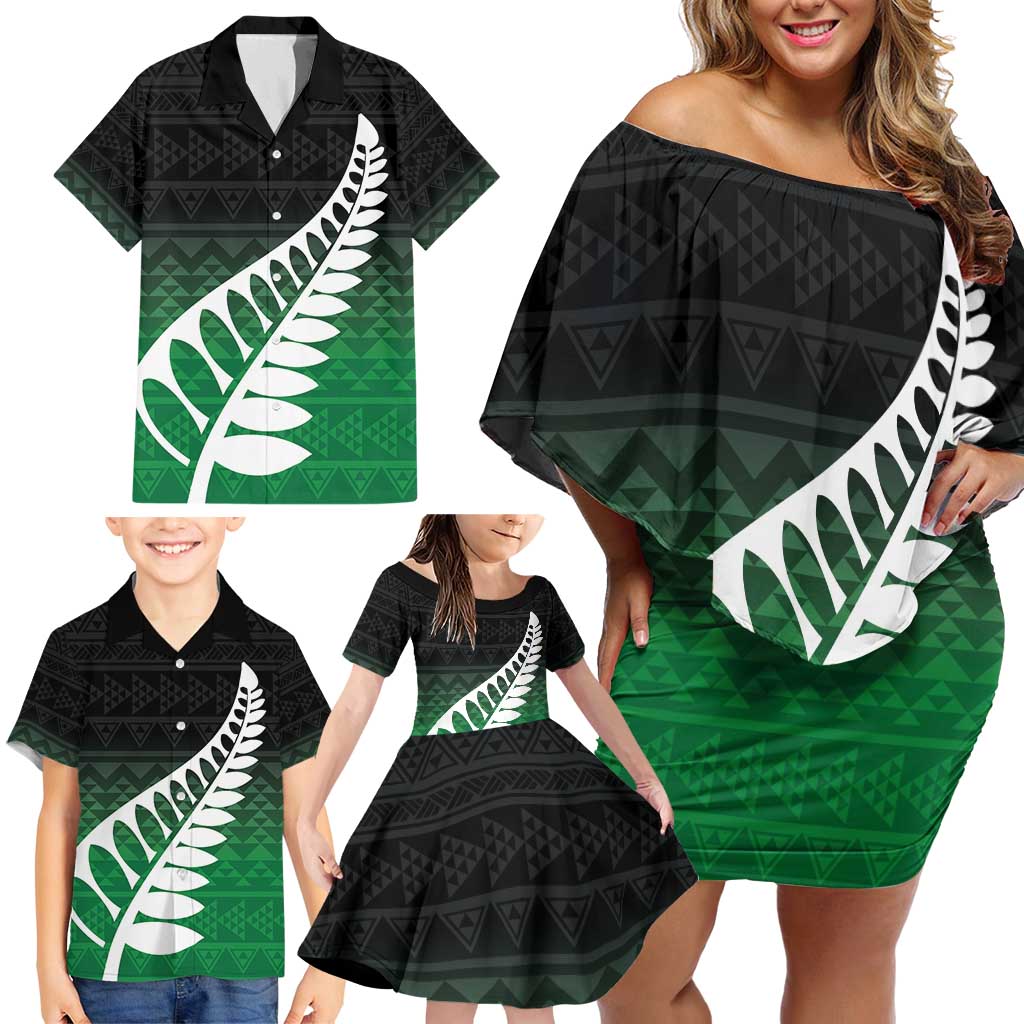 Green Silver Fern Spirit Taniko Tukutuku Personalised Family Matching Off Shoulder Short Dress and Hawaiian Shirt