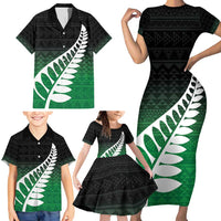 Green Silver Fern Spirit Taniko Tukutuku Personalised Family Matching Short Sleeve Bodycon Dress and Hawaiian Shirt