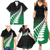 Green Silver Fern Spirit Taniko Tukutuku Personalised Family Matching Summer Maxi Dress and Hawaiian Shirt