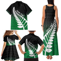 Green Silver Fern Spirit Taniko Tukutuku Personalised Family Matching Tank Maxi Dress and Hawaiian Shirt