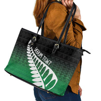 Green Silver Fern Spirit Taniko Tukutuku Personalised Leather Tote Bag