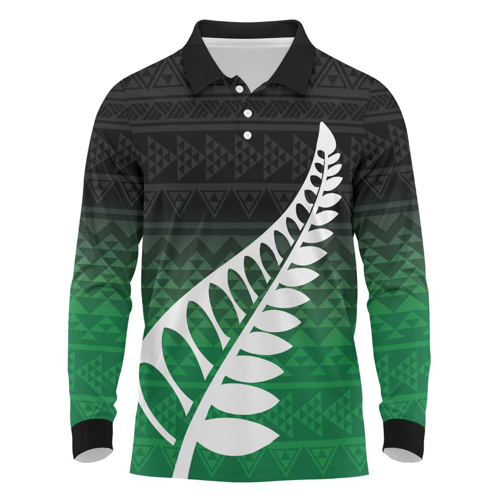 Green Silver Fern Spirit Taniko Tukutuku Personalised Long Sleeve Polo Shirt