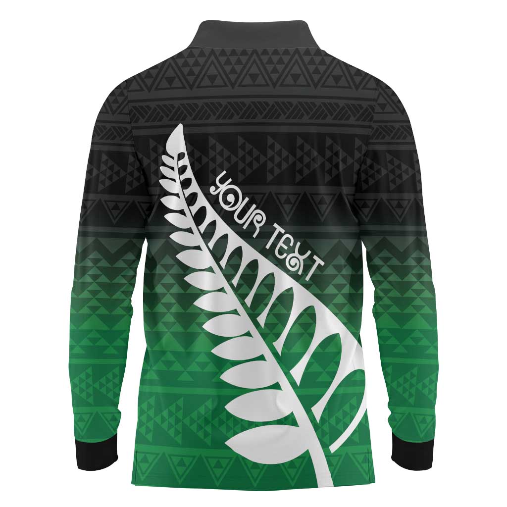 Green Silver Fern Spirit Taniko Tukutuku Personalised Long Sleeve Polo Shirt