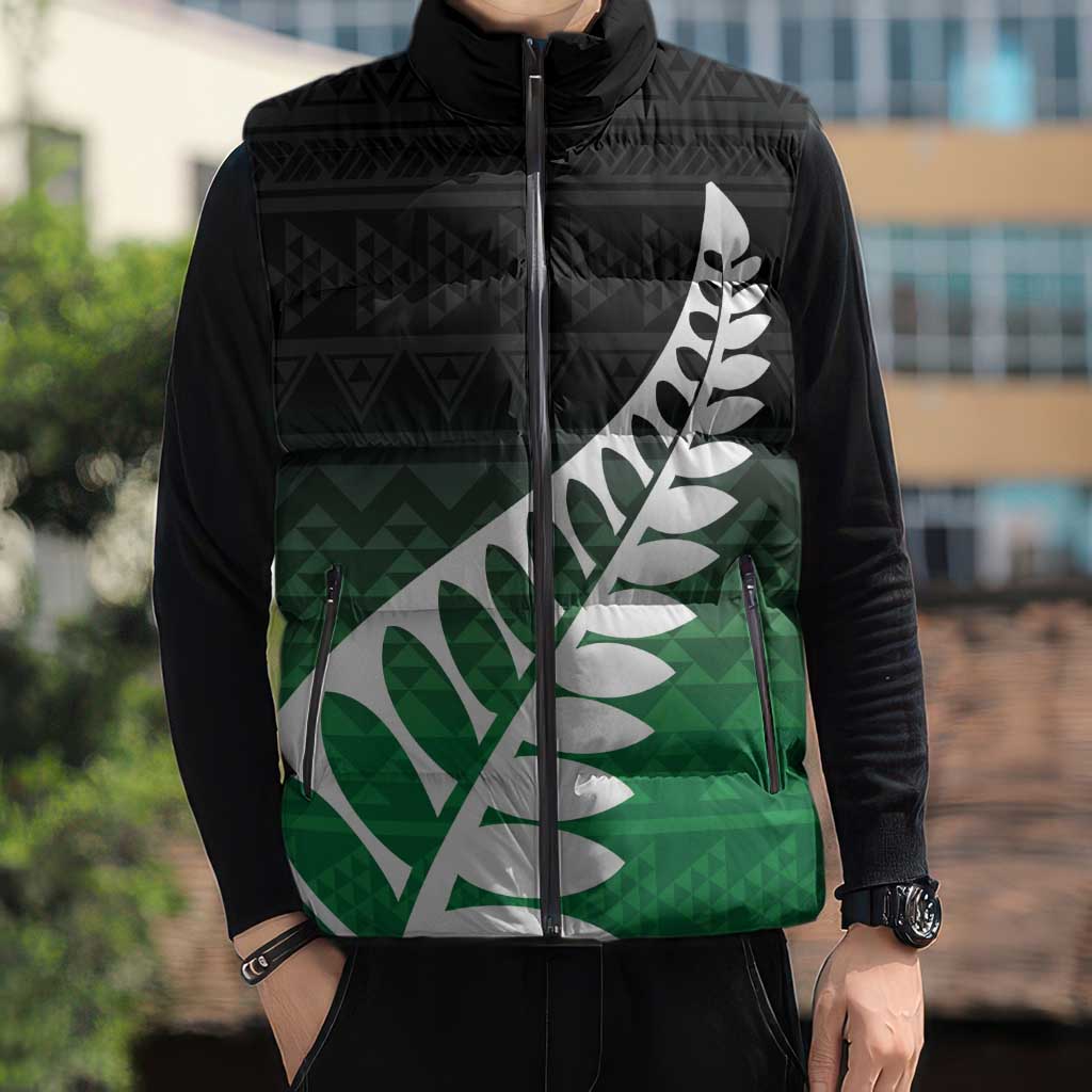 Green Silver Fern Spirit Taniko Tukutuku Personalised Sleeveless Puffer Jacket - Polynesian Pride