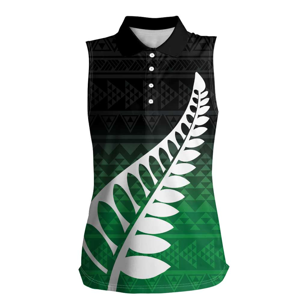 Green Silver Fern Spirit Taniko Tukutuku Personalised Women Sleeveless Polo Shirt
