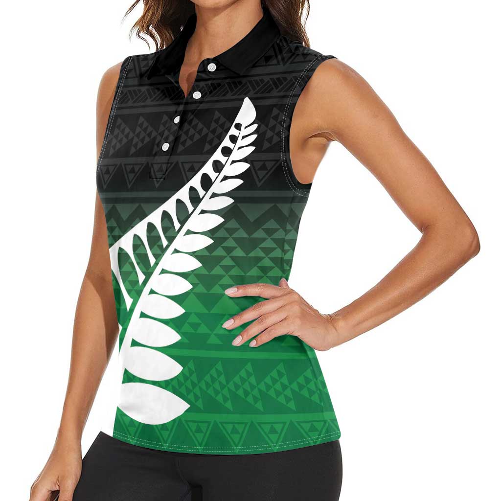 Green Silver Fern Spirit Taniko Tukutuku Personalised Women Sleeveless Polo Shirt