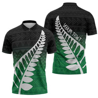 Green Silver Fern Spirit Taniko Tukutuku Personalised Zipper Polo Shirt - Polynesian Pride