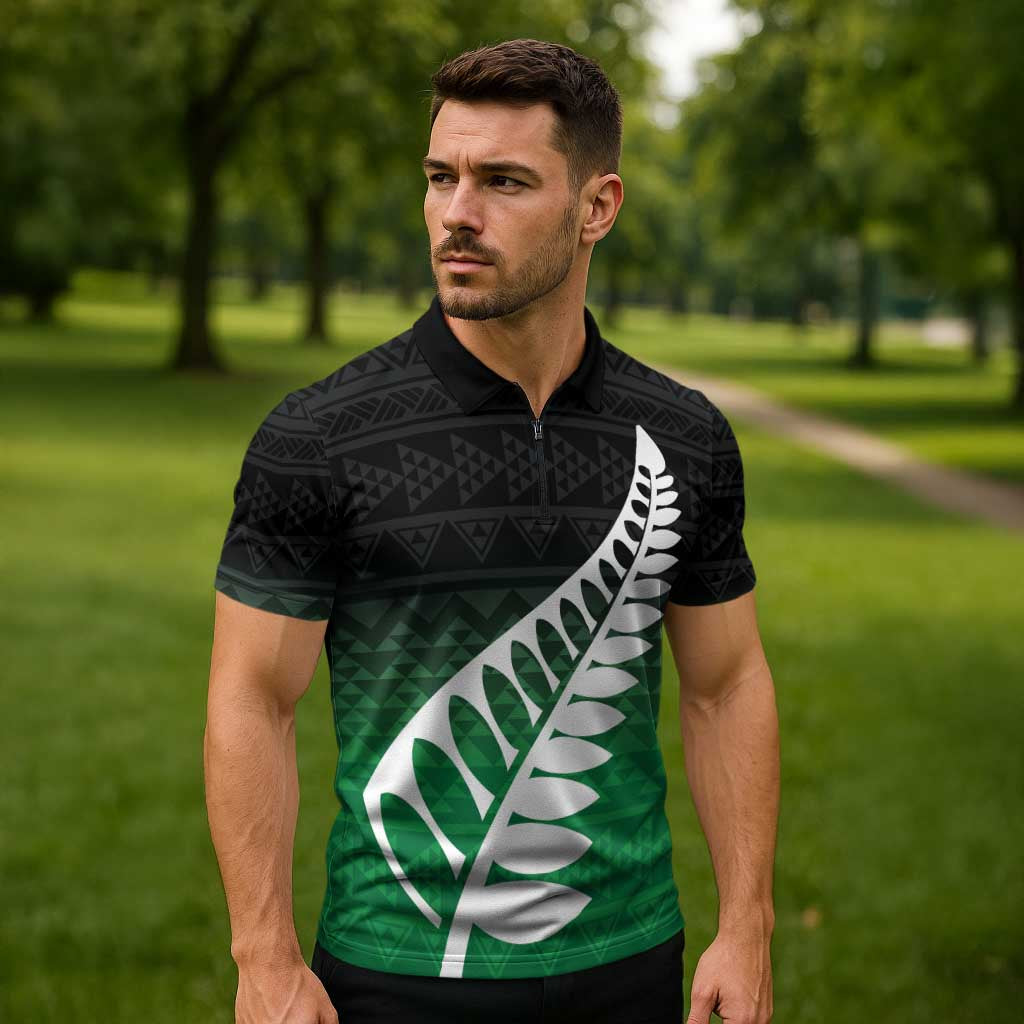 Green Silver Fern Spirit Taniko Tukutuku Personalised Zipper Polo Shirt - Polynesian Pride