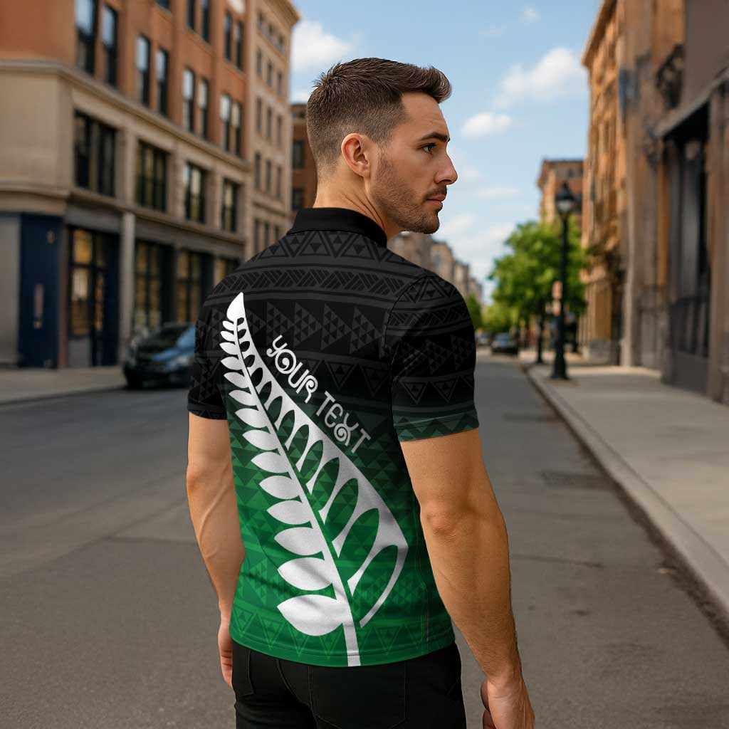 Green Silver Fern Spirit Taniko Tukutuku Personalised Zipper Polo Shirt - Polynesian Pride