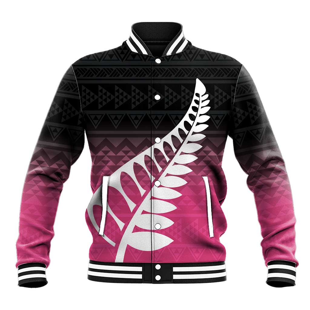 Pink Silver Fern Spirit Taniko Tukutuku Personalised Baseball Jacket