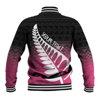 Pink Silver Fern Spirit Taniko Tukutuku Personalised Baseball Jacket
