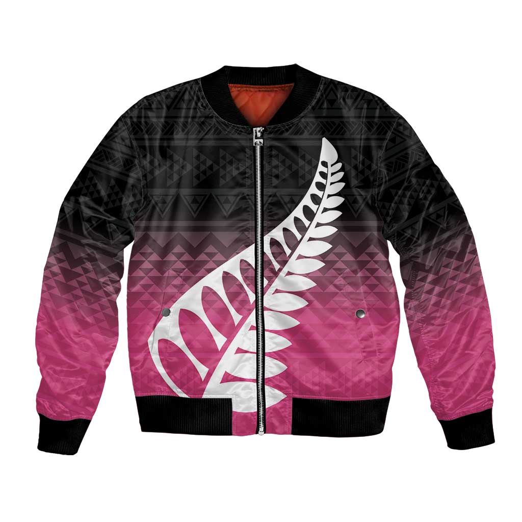 Pink Silver Fern Spirit Taniko Tukutuku Personalised Bomber Jacket