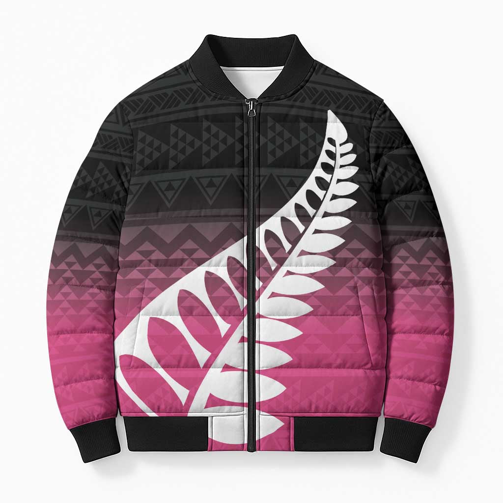 Pink Silver Fern Spirit Taniko Tukutuku Personalised Bomber Puffer Jacket - Polynesian Pride