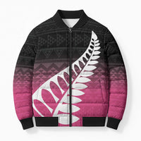 Pink Silver Fern Spirit Taniko Tukutuku Personalised Bomber Puffer Jacket - Polynesian Pride