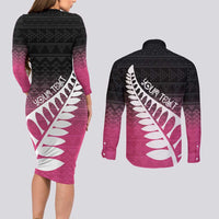 Pink Silver Fern Spirit Taniko Tukutuku Personalised Couples Matching Long Sleeve Bodycon Dress and Long Sleeve Button Shirt