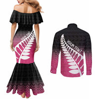 Pink Silver Fern Spirit Taniko Tukutuku Personalised Couples Matching Mermaid Dress and Long Sleeve Button Shirt