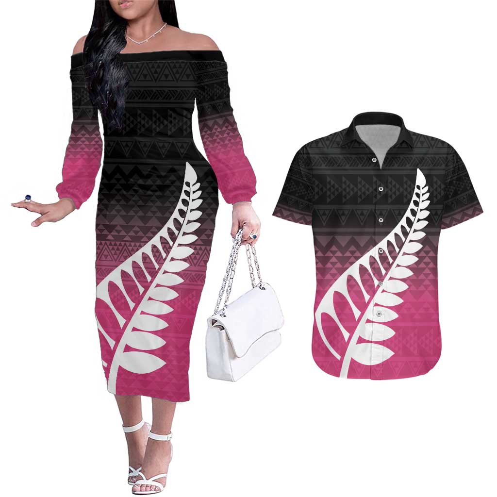 Pink Silver Fern Spirit Taniko Tukutuku Personalised Couples Matching Off The Shoulder Long Sleeve Dress and Hawaiian Shirt LT9 Pink - Polynesian Pride