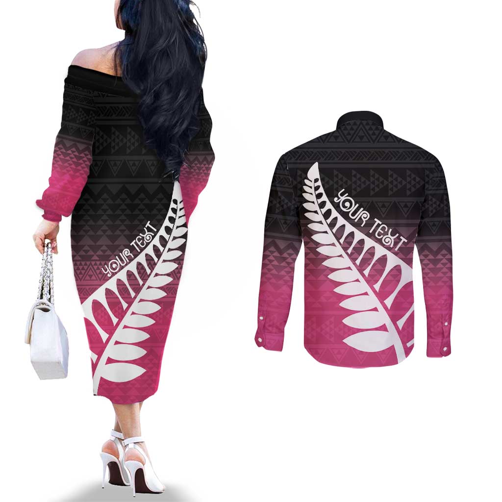 Pink Silver Fern Spirit Taniko Tukutuku Personalised Couples Matching Off The Shoulder Long Sleeve Dress and Long Sleeve Button Shirt