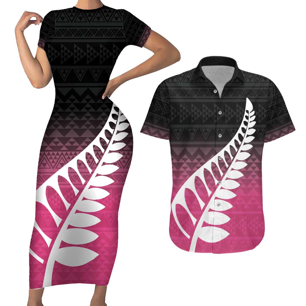 Pink Silver Fern Spirit Taniko Tukutuku Personalised Couples Matching Short Sleeve Bodycon Dress and Hawaiian Shirt LT9 Pink - Polynesian Pride