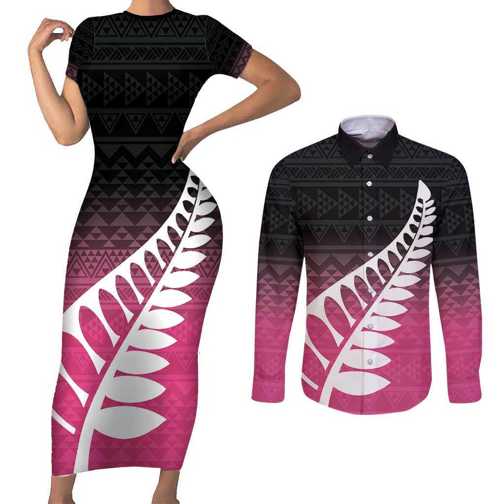 Pink Silver Fern Spirit Taniko Tukutuku Personalised Couples Matching Short Sleeve Bodycon Dress and Long Sleeve Button Shirt