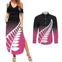 Pink Silver Fern Spirit Taniko Tukutuku Personalised Couples Matching Summer Maxi Dress and Long Sleeve Button Shirt